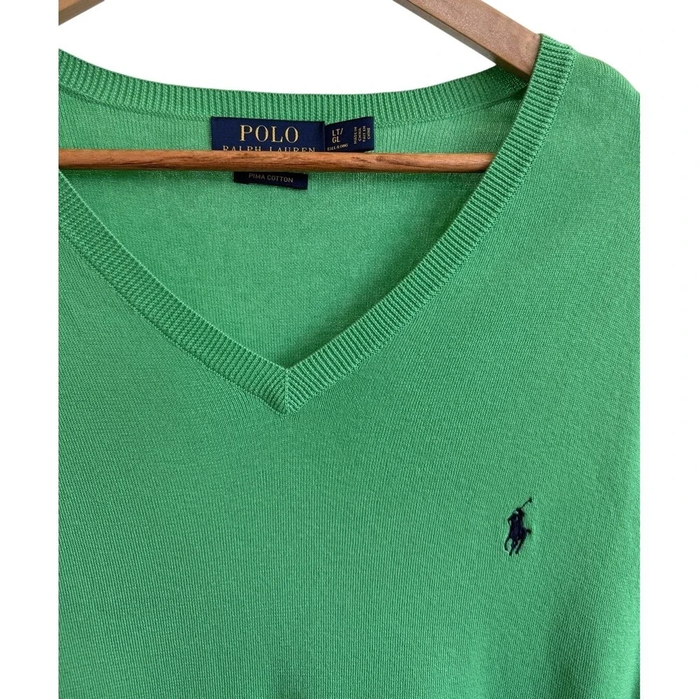 Polo Ralph Lauren V-Neck Pima Cotton Green Sweater Vest Preppy Pony Mens Lg Tall